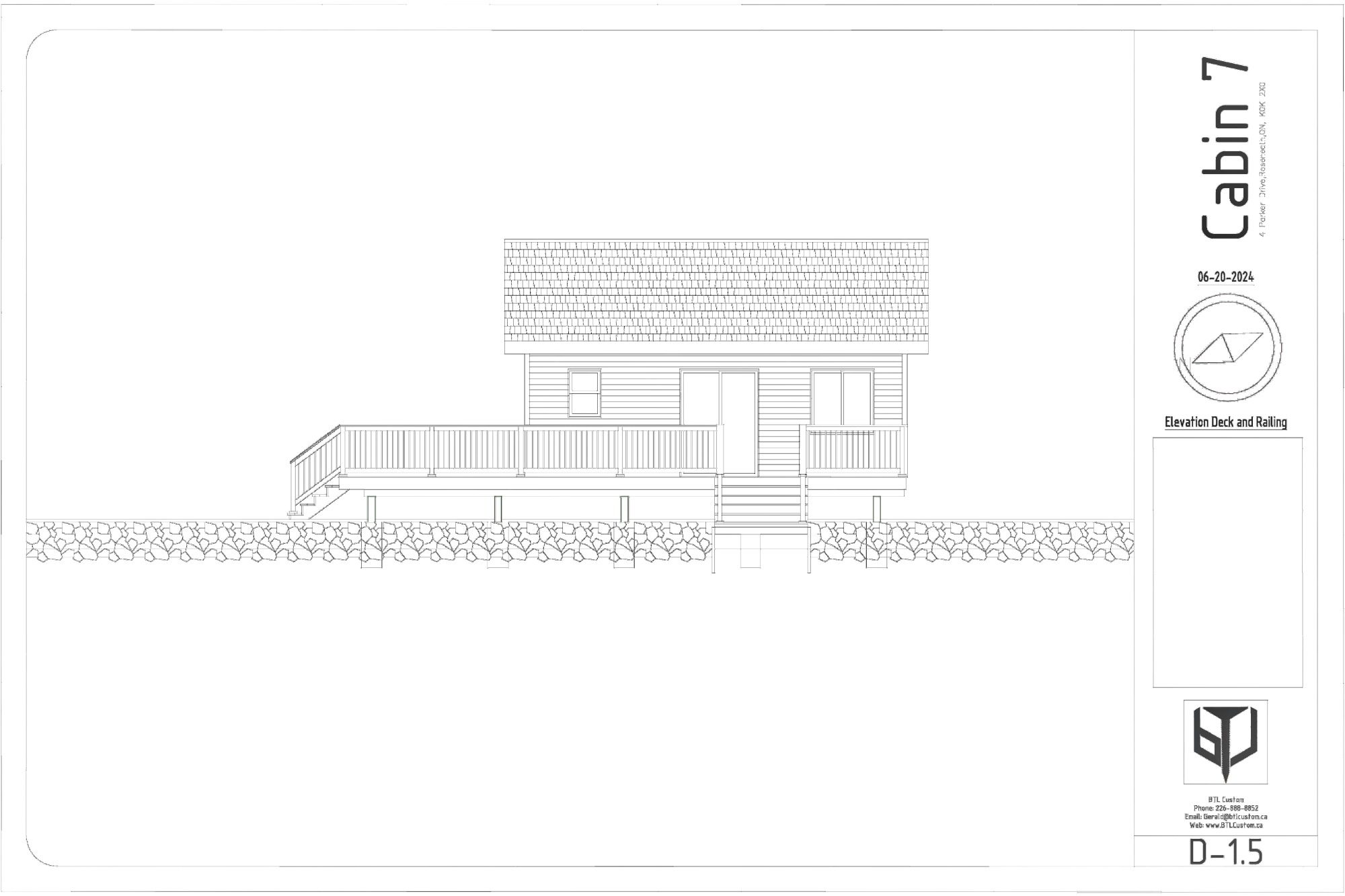 Side elevation drawing of a cabin with a porch and a simple roof design.