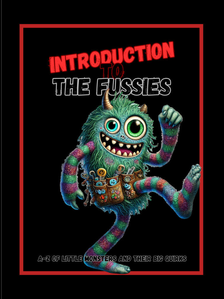 A green, furry monster with a big smile and striped legs, holding a backpack.