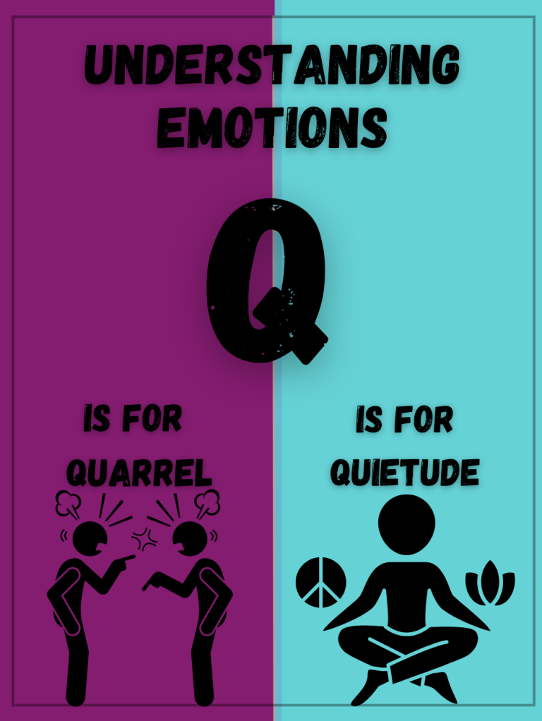 Visual representation of emotions: "Q" for Quarrel and "Q" for Quietude with corresponding illustrations.