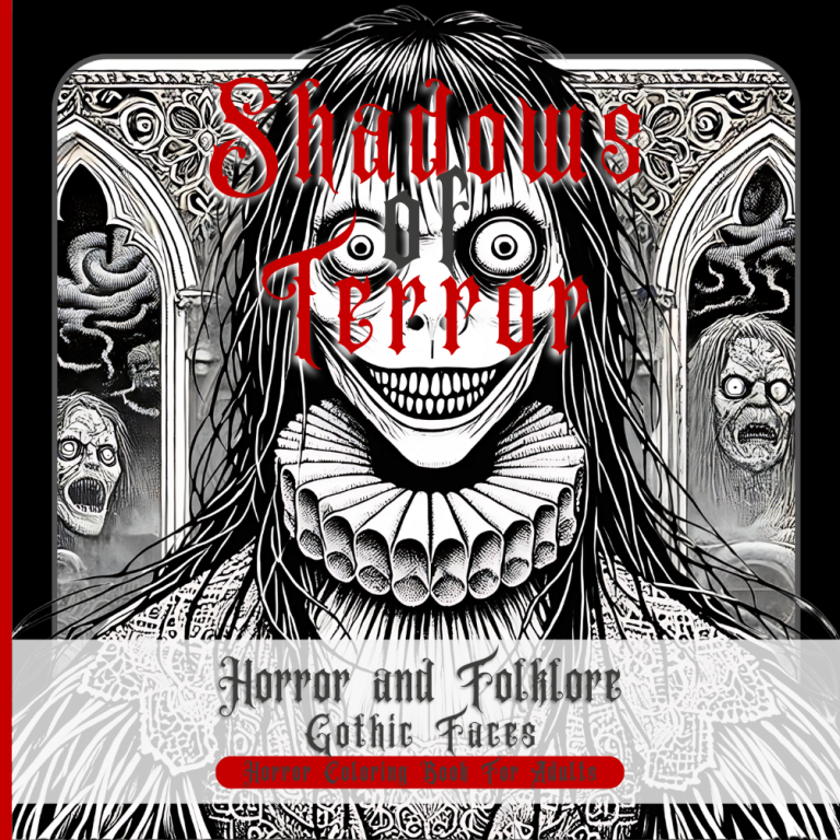 A creepy, illustrated figure with exaggerated features and gothic elements, titled "Shadows of Terror."