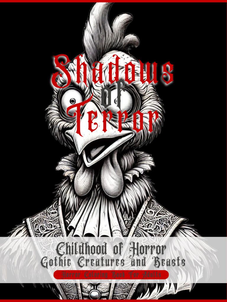 Cartoonish monster in a horror-themed design with the title "Shadows of Terror."
