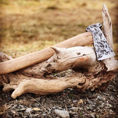 Wooden driftwood with an axe resting on it, set against a natural background.