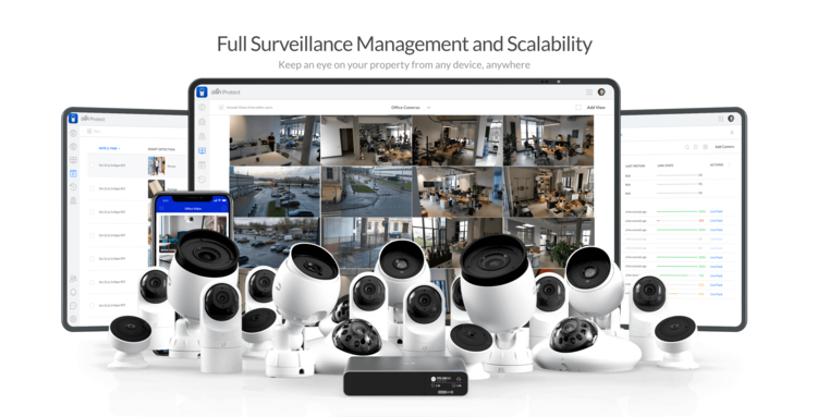Multiple security cameras and monitors showcasing surveillance management interface.