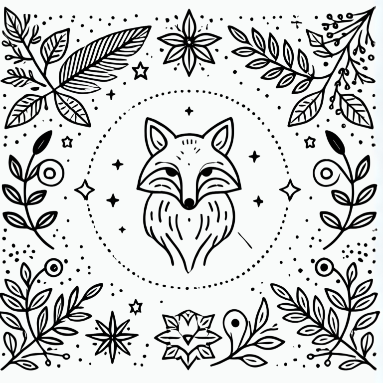 Black and white botanical illustration featuring various leaf and flower patterns.