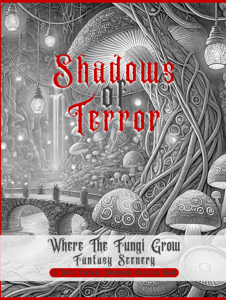 Title "Shadows of Terror" features a gothic figure with striking features, set against a dark background.