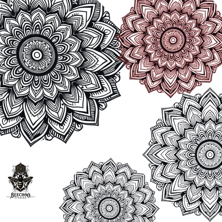 A collection of intricate mandala designs in black, white, and red.