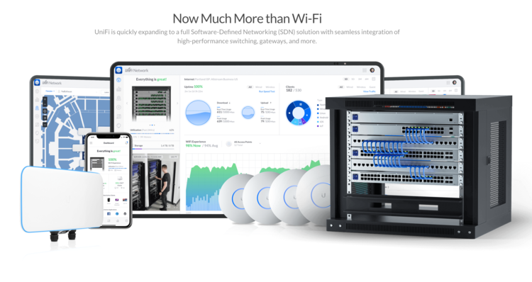 Network equipment and devices display analytics and connectivity data.