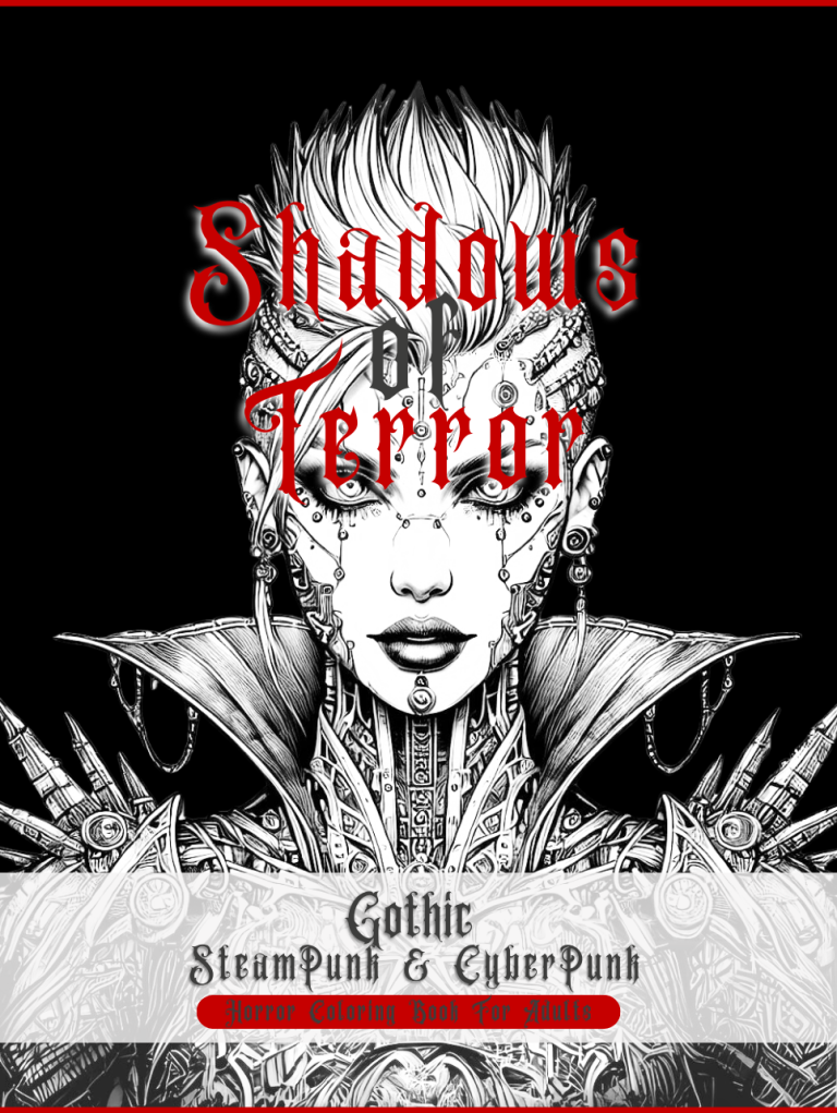 Title "Shadows of Terror" features a gothic figure with striking features, set against a dark background.