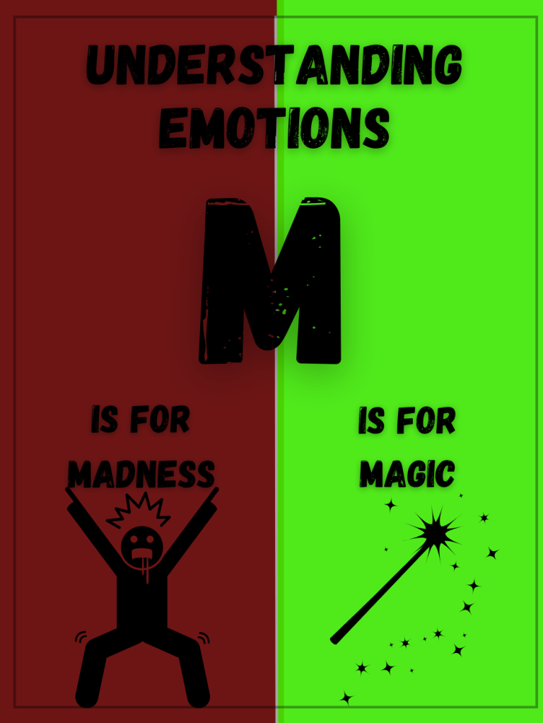 A poster contrasting madness with magic, featuring relevant illustrations and bold text.
