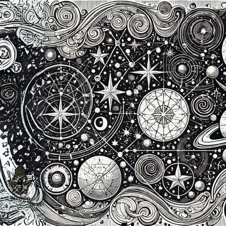 Abstract monochrome space scene with stars, planets, and swirling patterns.