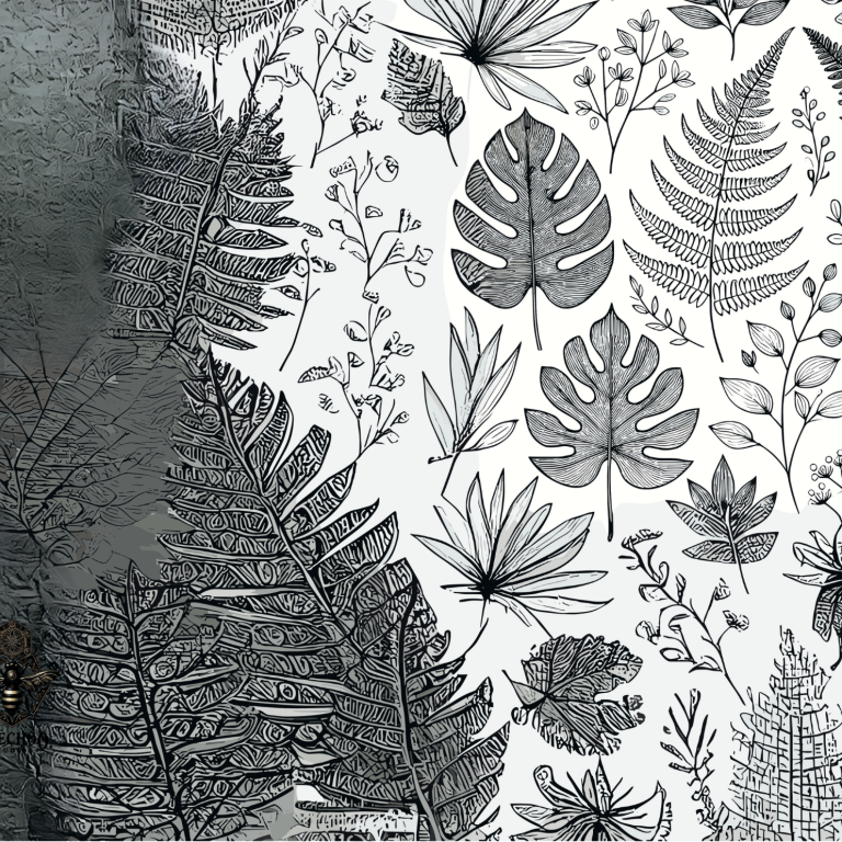 Black and white botanical illustration featuring various leaf and flower patterns.